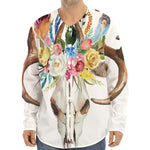 Boho Floral Deer Skull Print Long Sleeve Baseball Jersey