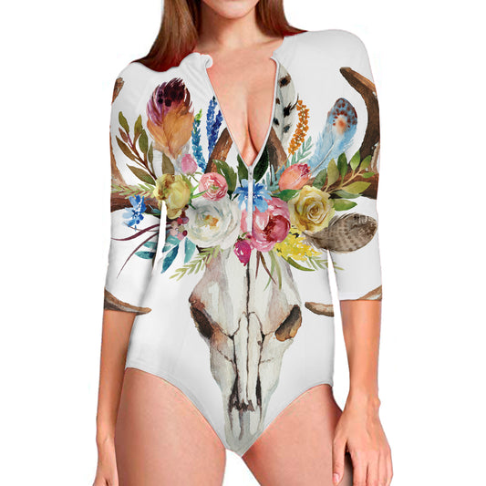 Boho Floral Deer Skull Print Long Sleeve Swimsuit