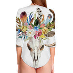 Boho Floral Deer Skull Print Long Sleeve Swimsuit