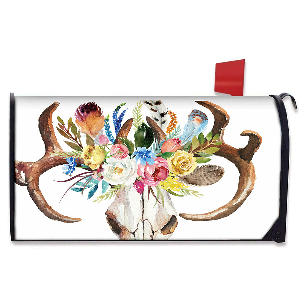 Boho Floral Deer Skull Print Mailbox Cover