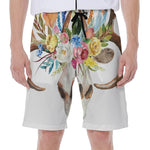 Boho Floral Deer Skull Print Men's Beach Shorts