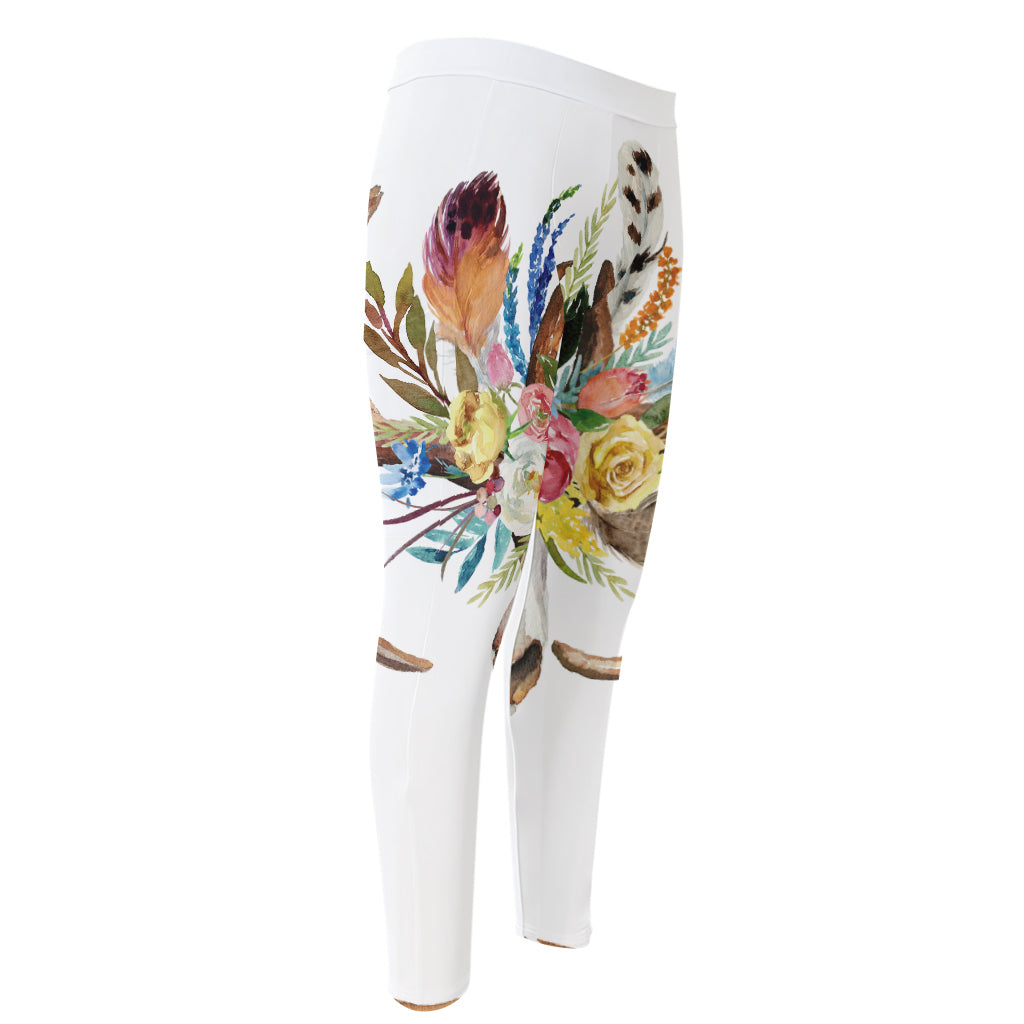 Boho Floral Deer Skull Print Men's Compression Pants