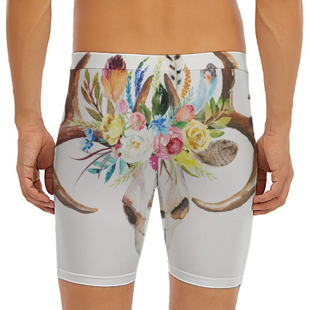 Boho Floral Deer Skull Print Men's Long Boxer Briefs