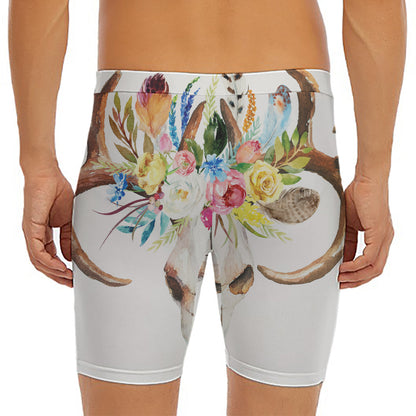Boho Floral Deer Skull Print Men's Long Boxer Briefs