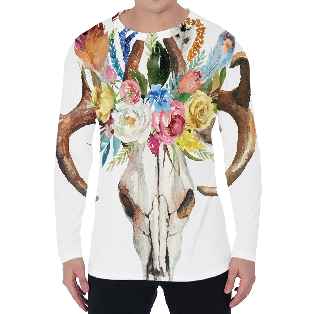 Boho Floral Deer Skull Print Men's Long Sleeve T-Shirt