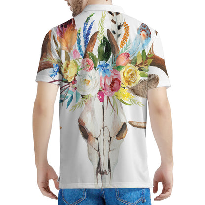Boho Floral Deer Skull Print Men's Polo Shirt