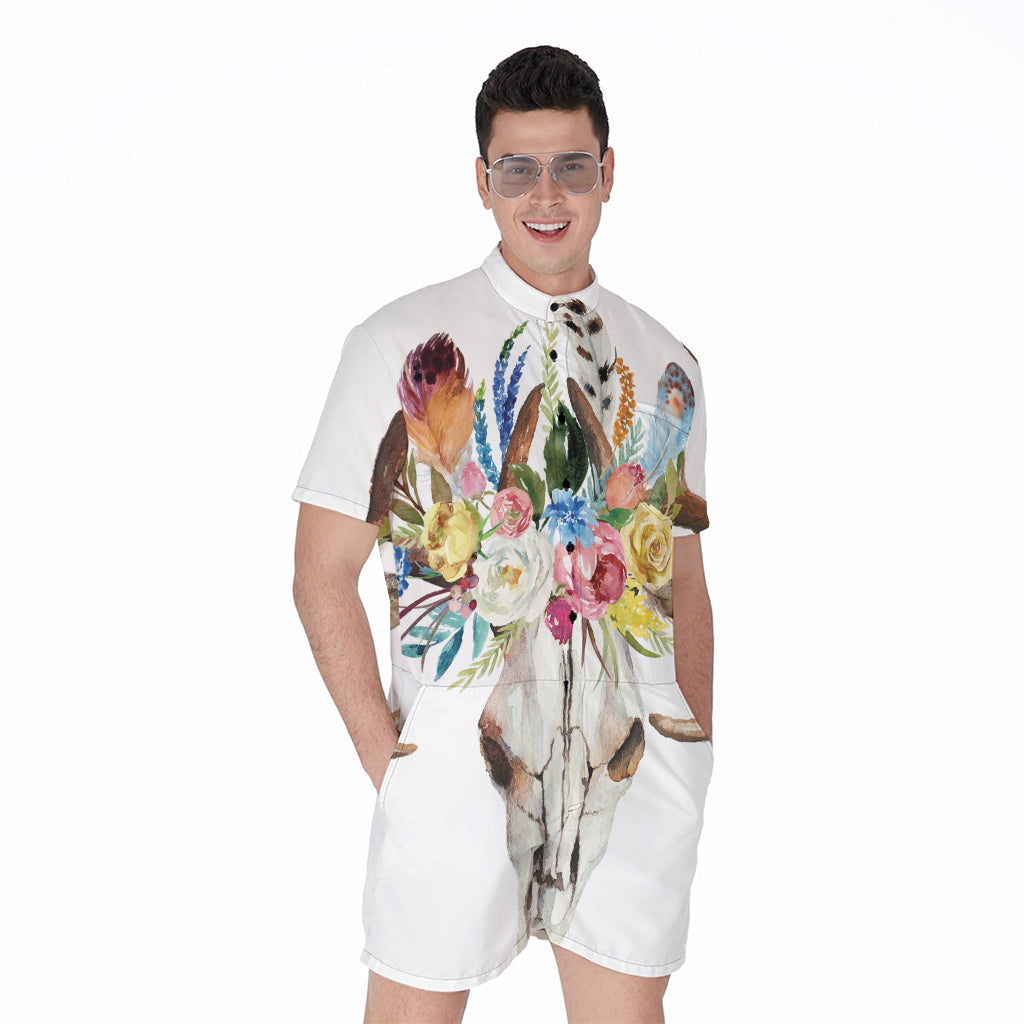 Boho Floral Deer Skull Print Men's Rompers