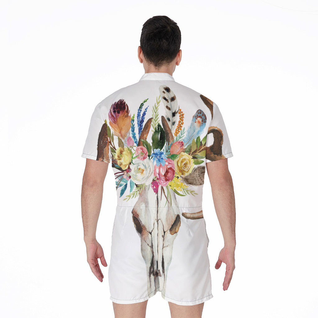 Boho Floral Deer Skull Print Men's Rompers