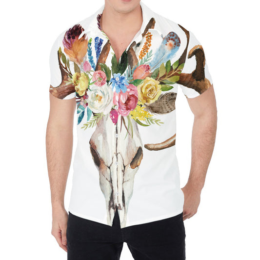 Boho Floral Deer Skull Print Men's Shirt