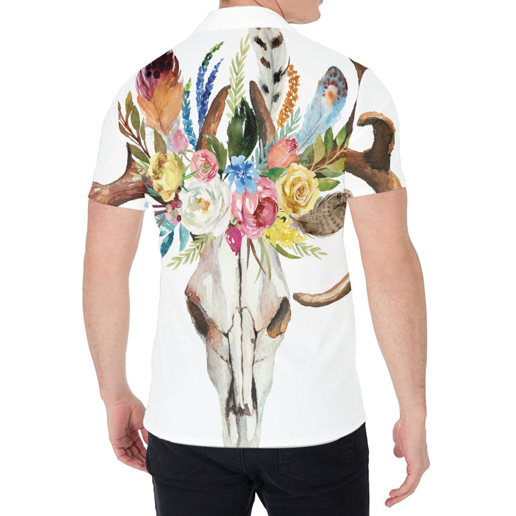Boho Floral Deer Skull Print Men's Shirt