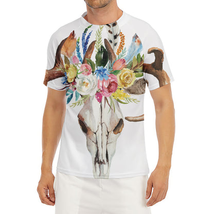 Boho Floral Deer Skull Print Men's Short Sleeve Rash Guard