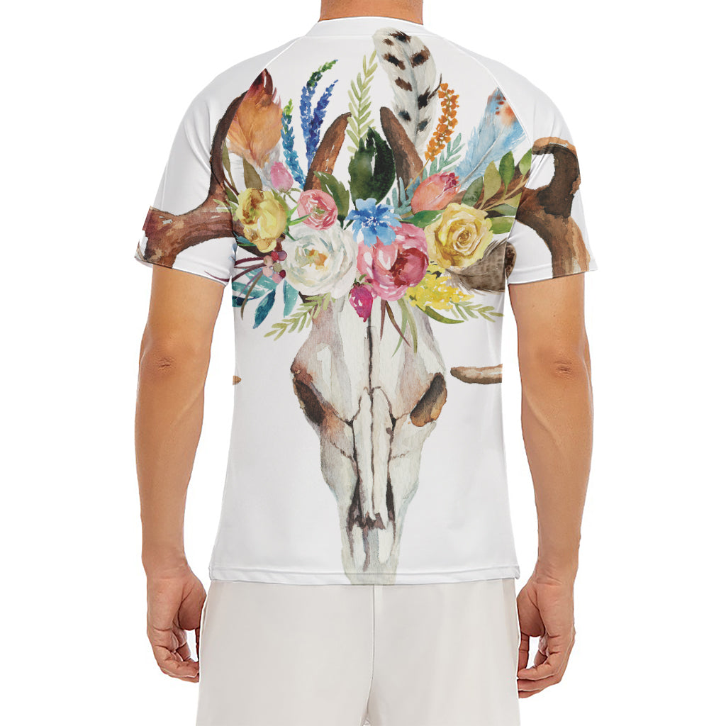 Boho Floral Deer Skull Print Men's Short Sleeve Rash Guard
