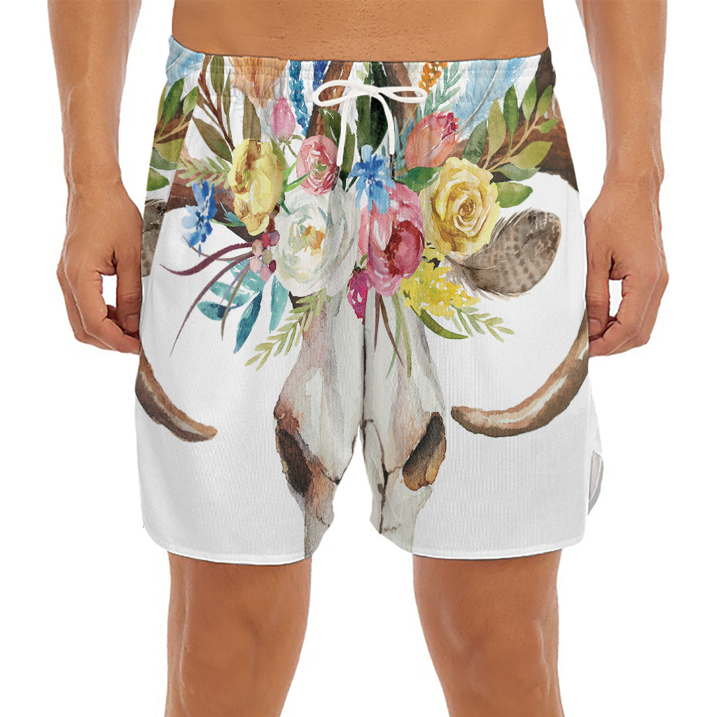 Boho Floral Deer Skull Print Men's Split Running Shorts