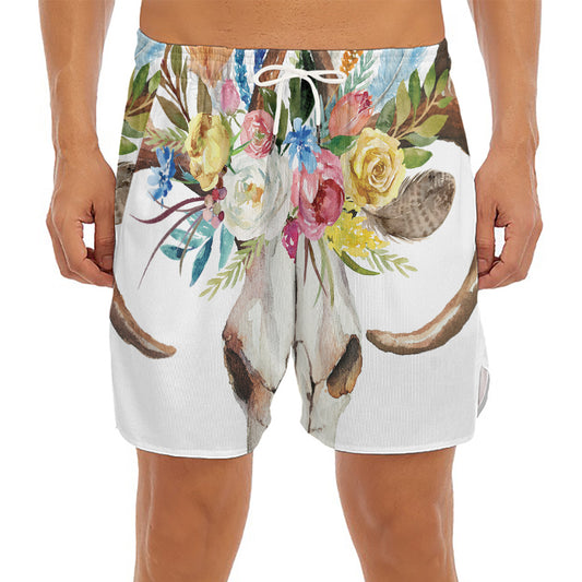 Boho Floral Deer Skull Print Men's Split Running Shorts