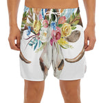 Boho Floral Deer Skull Print Men's Split Running Shorts