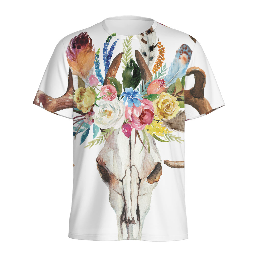 Boho Floral Deer Skull Print Men's Sports T-Shirt
