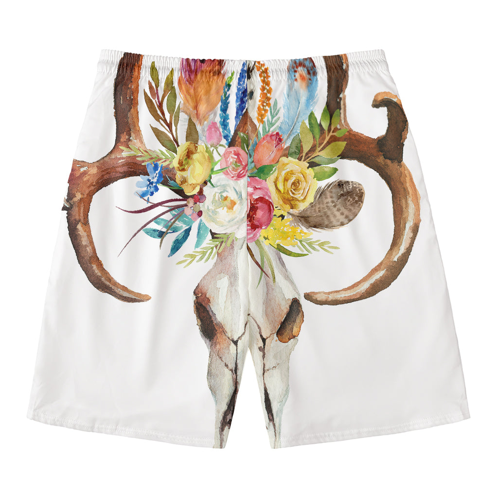 Boho Floral Deer Skull Print Men's Swim Trunks