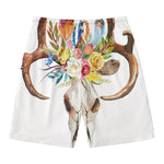 Boho Floral Deer Skull Print Men's Swim Trunks