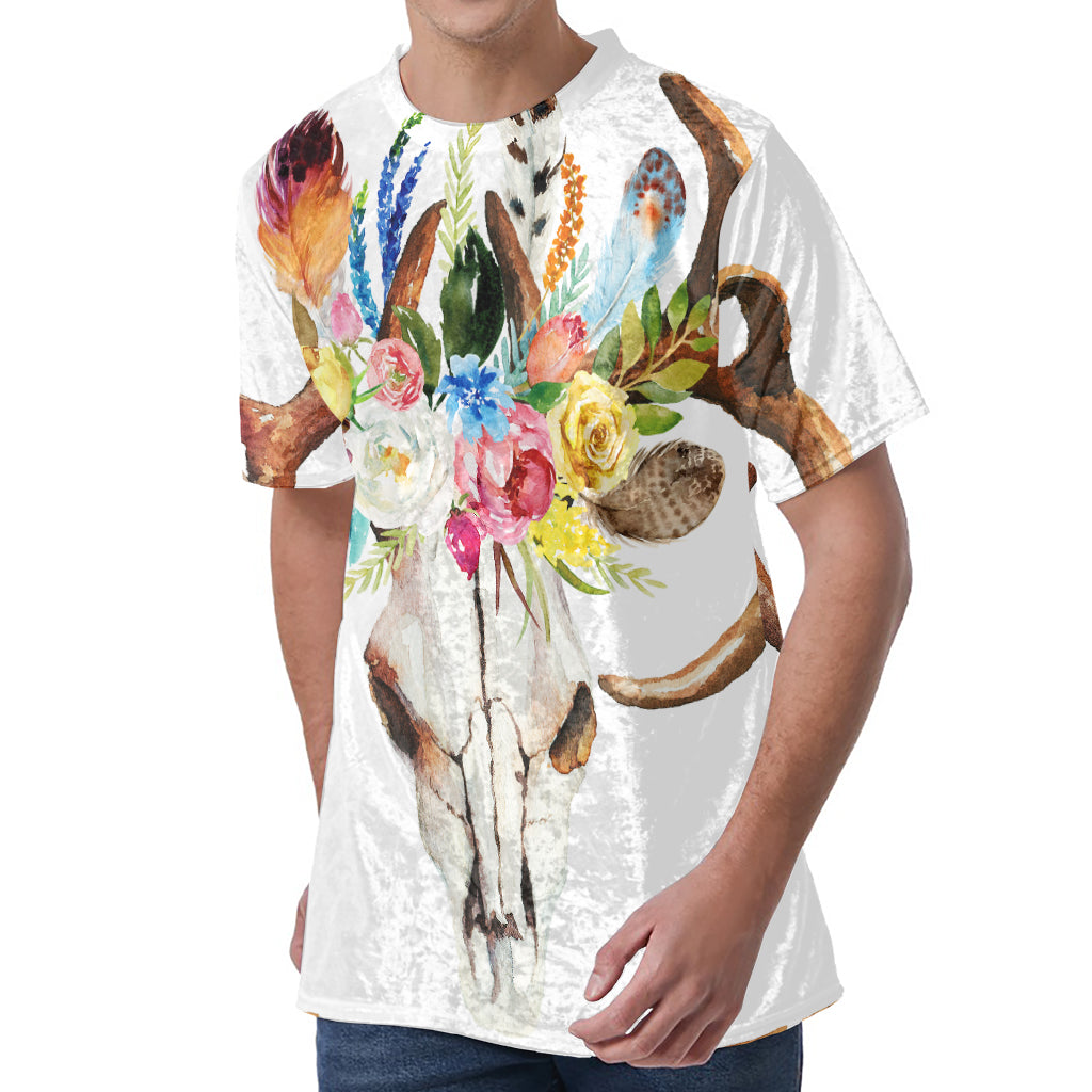 Boho Floral Deer Skull Print Men's Velvet T-Shirt