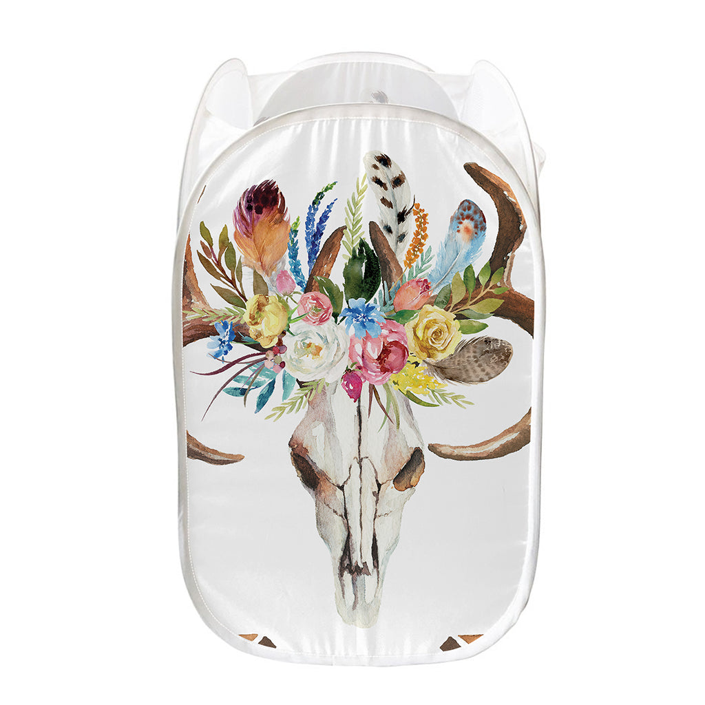 Boho Floral Deer Skull Print Mesh Laundry Hamper
