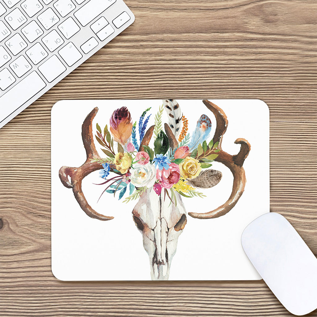 Boho Floral Deer Skull Print Mouse Pad