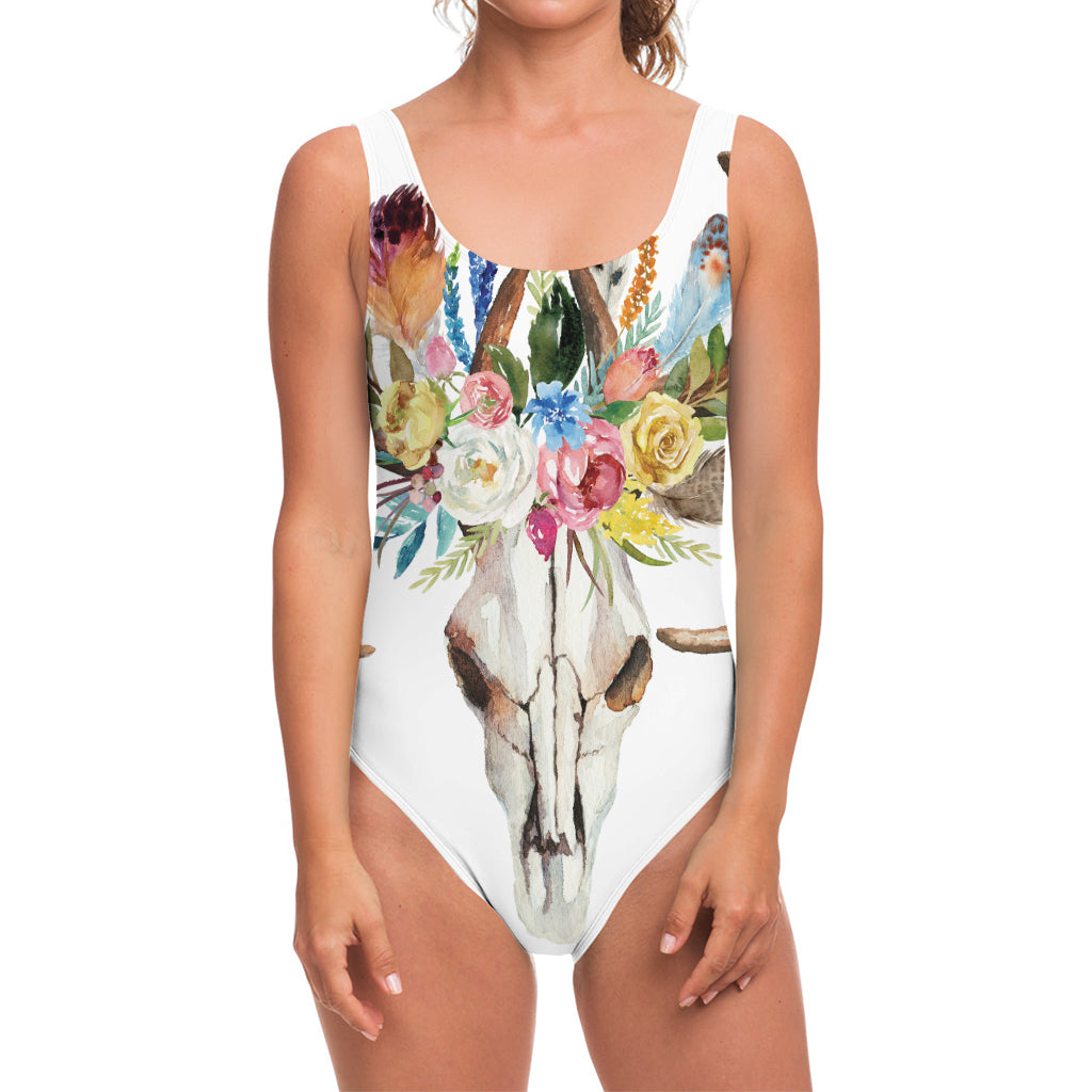 Boho Floral Deer Skull Print One Piece Swimsuit