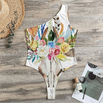 Boho Floral Deer Skull Print One Shoulder Bodysuit