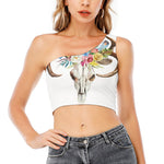 Boho Floral Deer Skull Print One Shoulder Crop Top
