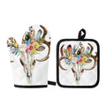 Boho Floral Deer Skull Print Oven Mitt And Pot Holder Set