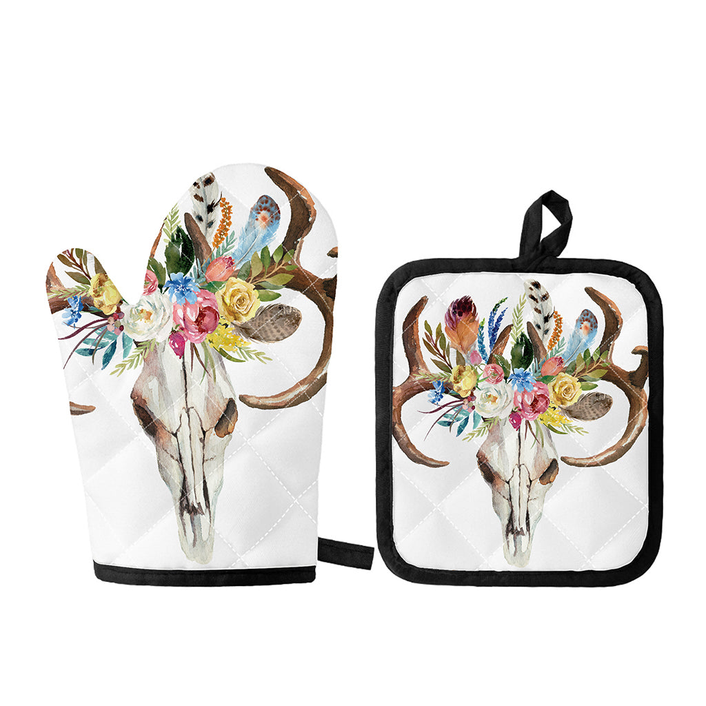Boho Floral Deer Skull Print Oven Mitt And Pot Holder Set
