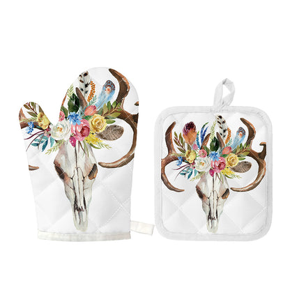 Boho Floral Deer Skull Print Oven Mitt And Pot Holder Set