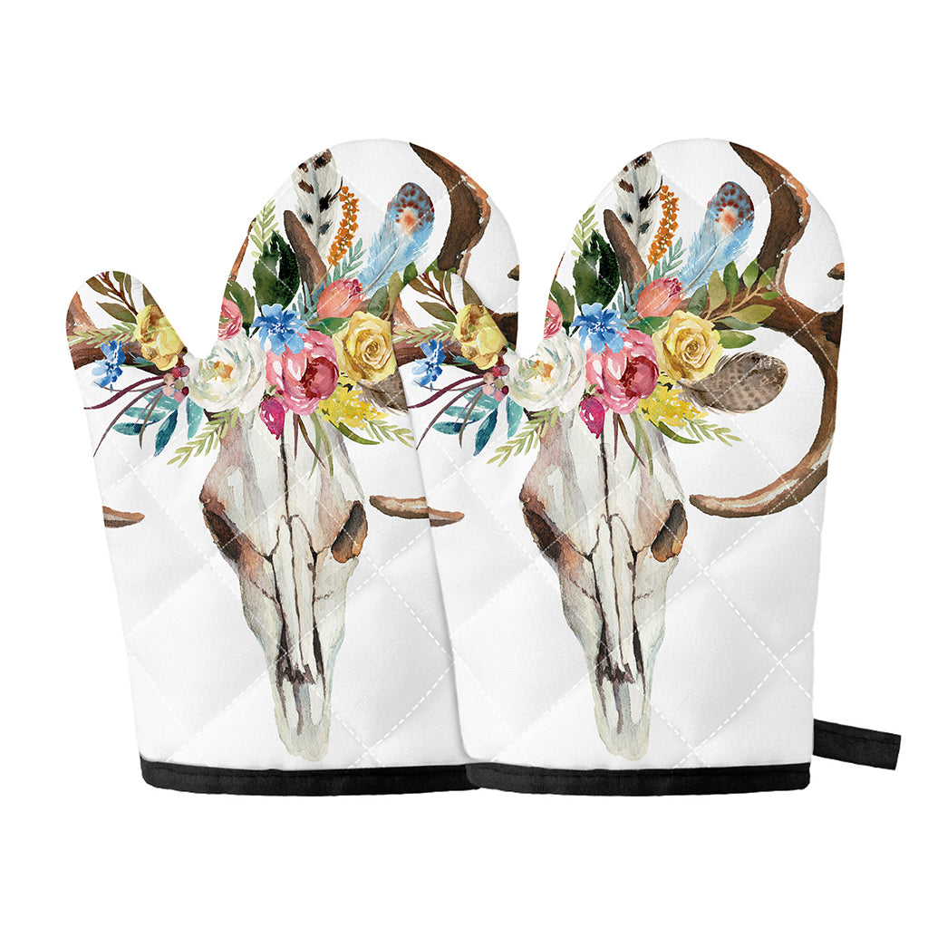 Boho Floral Deer Skull Print Oven Mitts