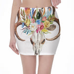Boho Floral Deer Skull Print Pencil Mini Skirt