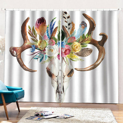 Boho Floral Deer Skull Print Pencil Pleat Curtains