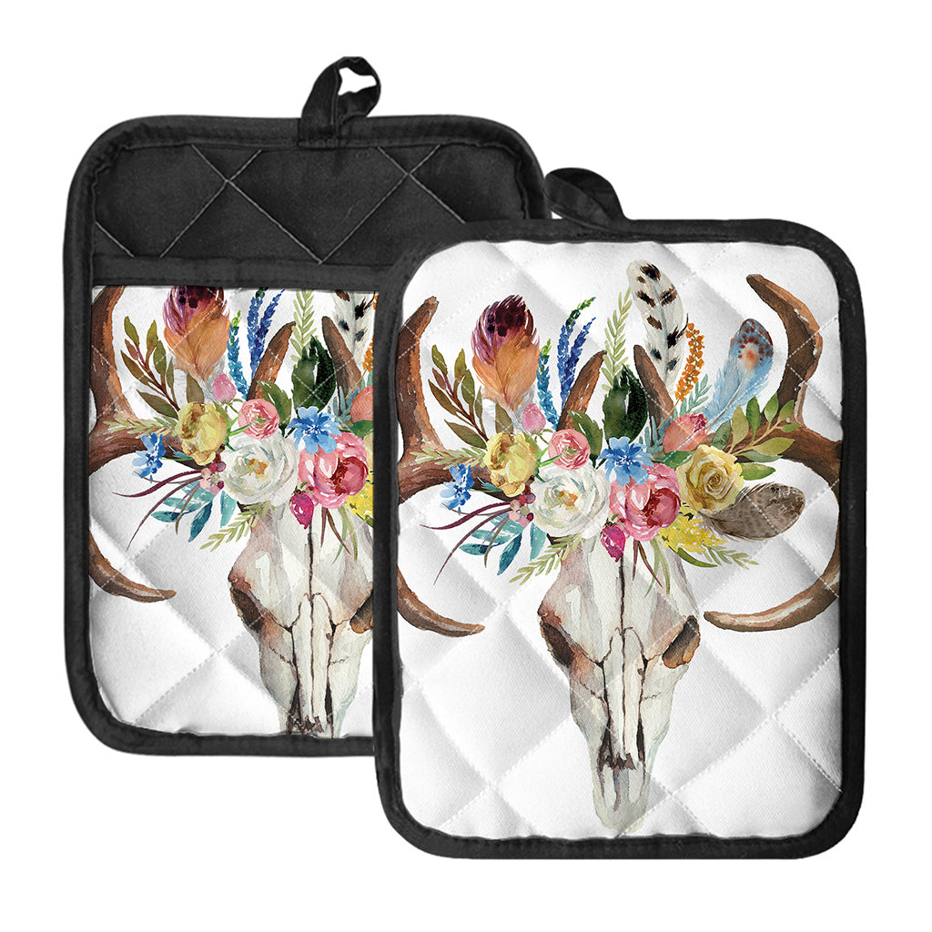 Boho Floral Deer Skull Print Pot Holders With Pocket