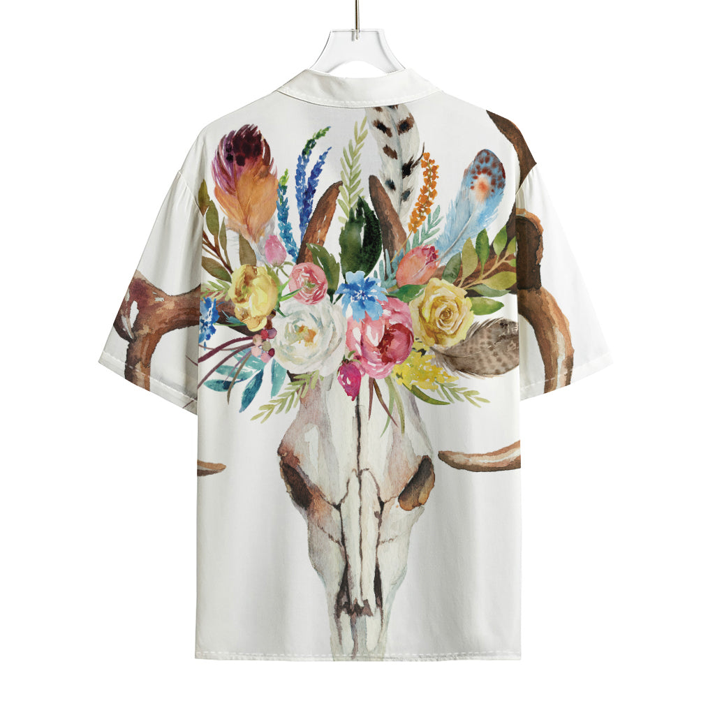 Boho Floral Deer Skull Print Rayon Hawaiian Shirt