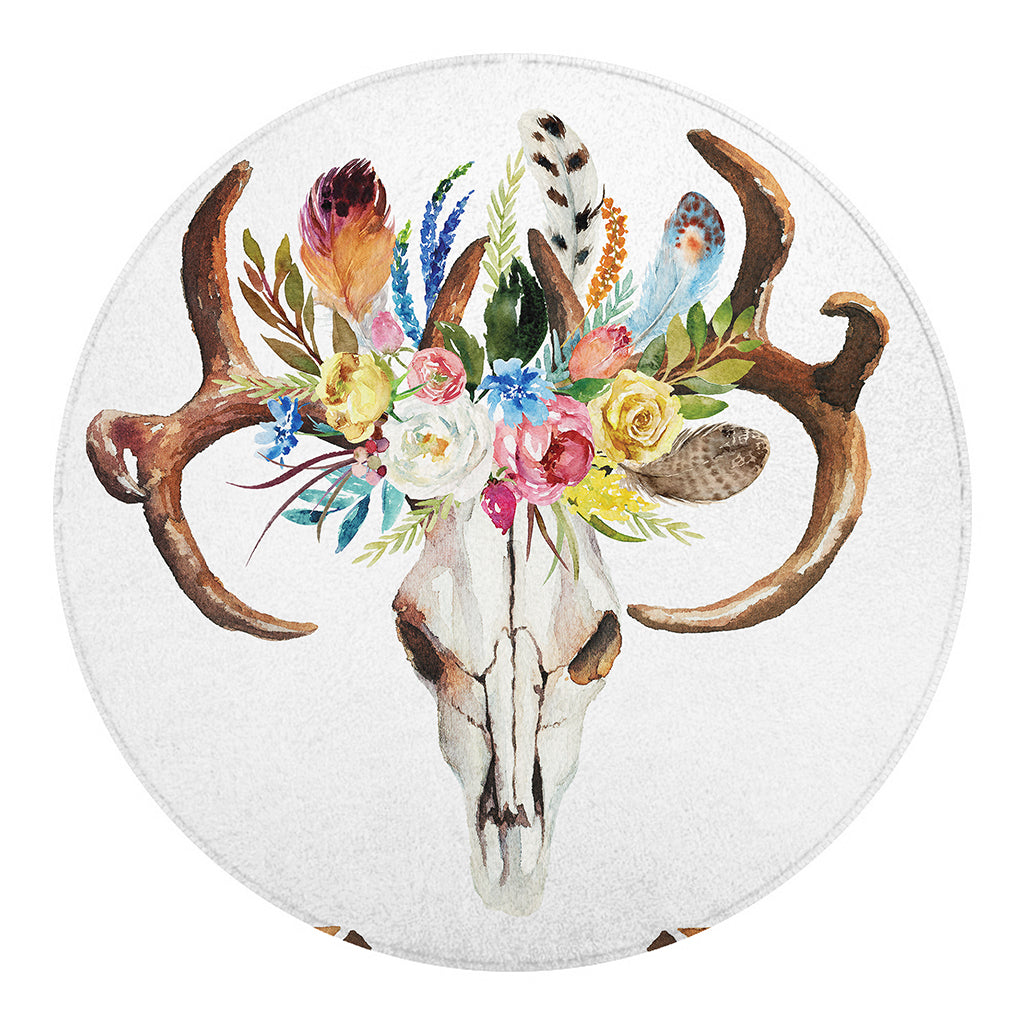Boho Floral Deer Skull Print Round Blanket
