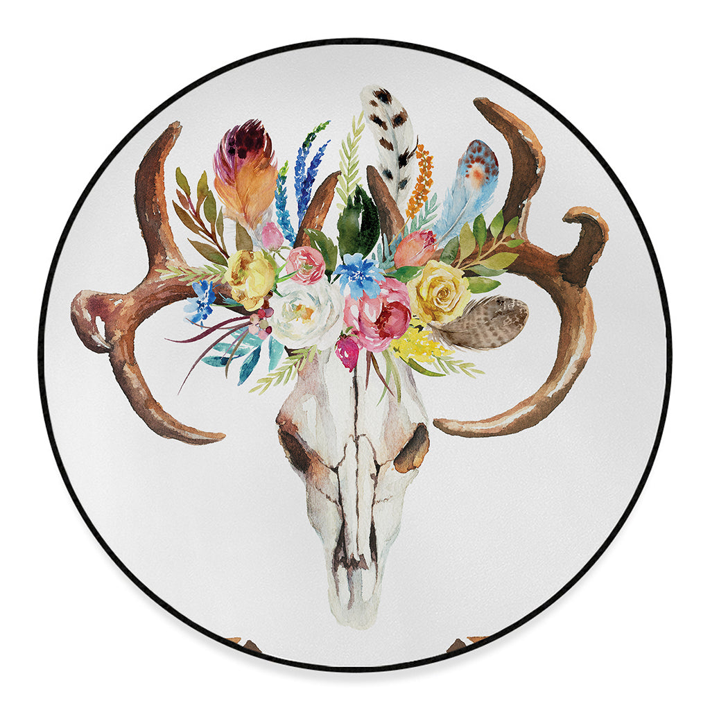 Boho Floral Deer Skull Print Round Floor Mat