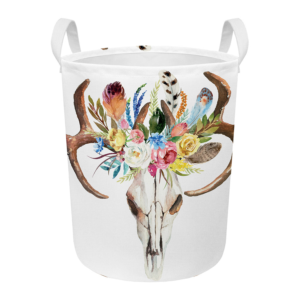Boho Floral Deer Skull Print Round Laundry Basket