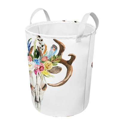 Boho Floral Deer Skull Print Round Laundry Basket