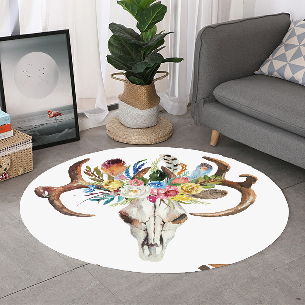 Boho Floral Deer Skull Print Round Rug