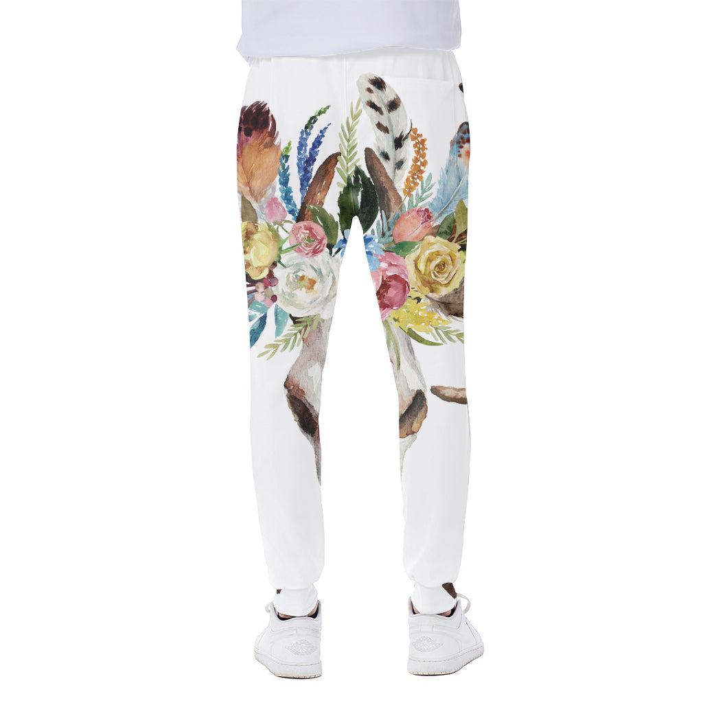 Boho Floral Deer Skull Print Scuba Joggers