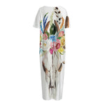 Boho Floral Deer Skull Print Short Sleeve Long Nightdress