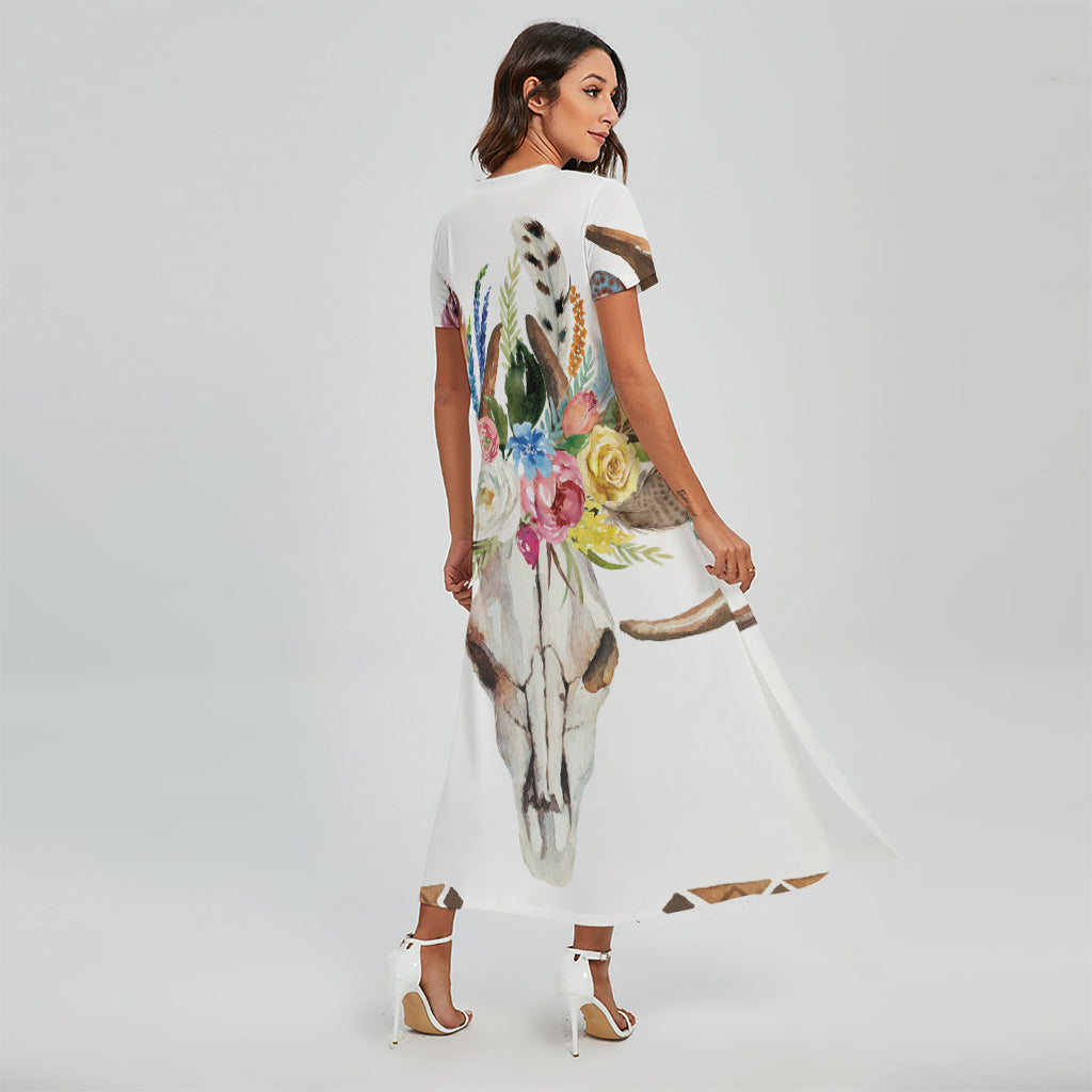Boho Floral Deer Skull Print Short Sleeve Maxi Dress