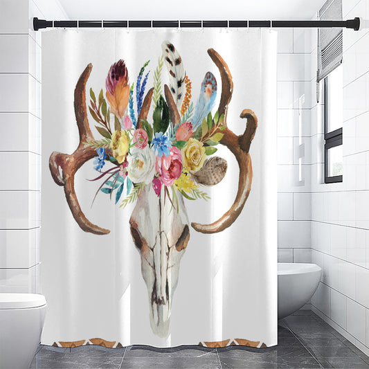 Boho Floral Deer Skull Print Shower Curtain
