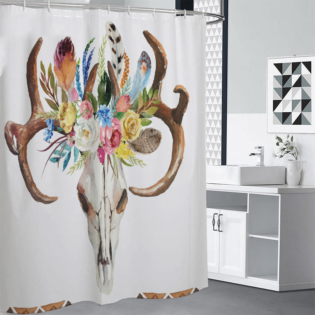 Boho Floral Deer Skull Print Shower Curtain