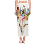 Boho Floral Deer Skull Print Side Slit Maxi Skirt