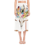 Boho Floral Deer Skull Print Side Slit Midi Skirt