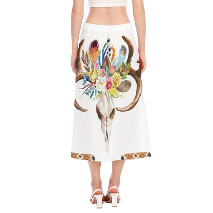 Boho Floral Deer Skull Print Side Slit Midi Skirt