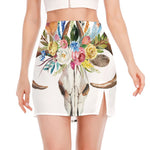 Boho Floral Deer Skull Print Side Slit Mini Skirt